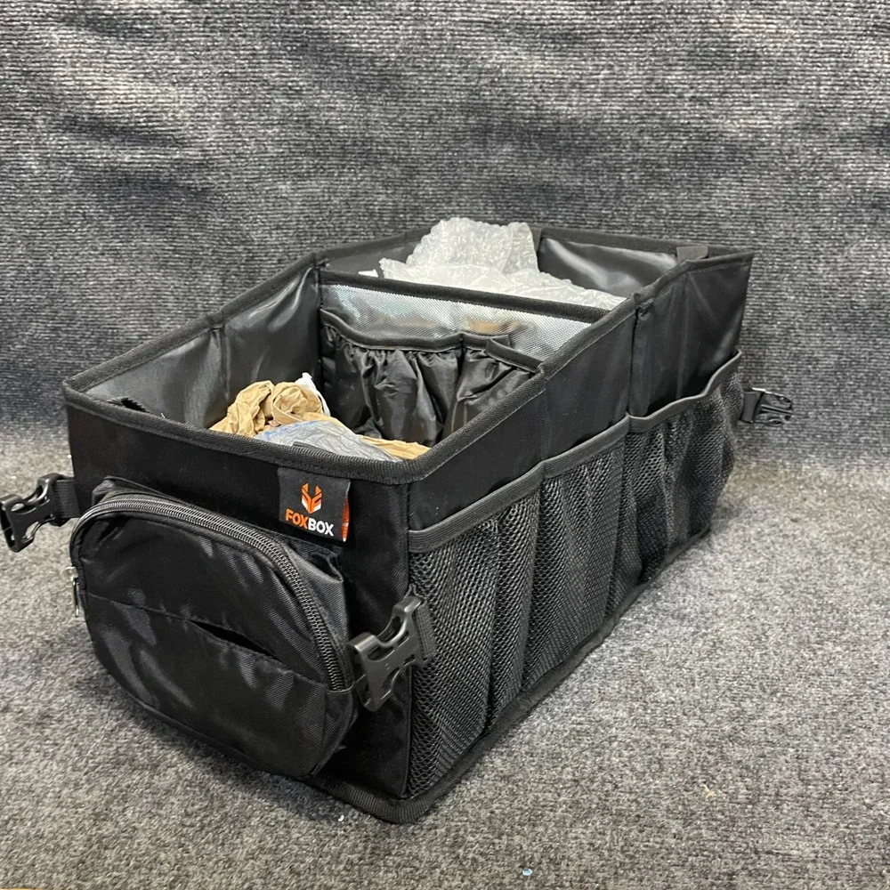 FOXBOX Black Trunk Organizer Cargo Collapsible Mesh Pockets Travel Storage‎ Bag
